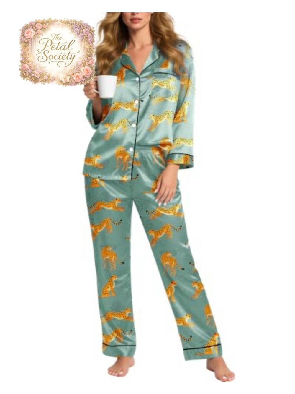Women's Satin Pajama Set Long Sleeve Button Down Notch Collar 2 Piece